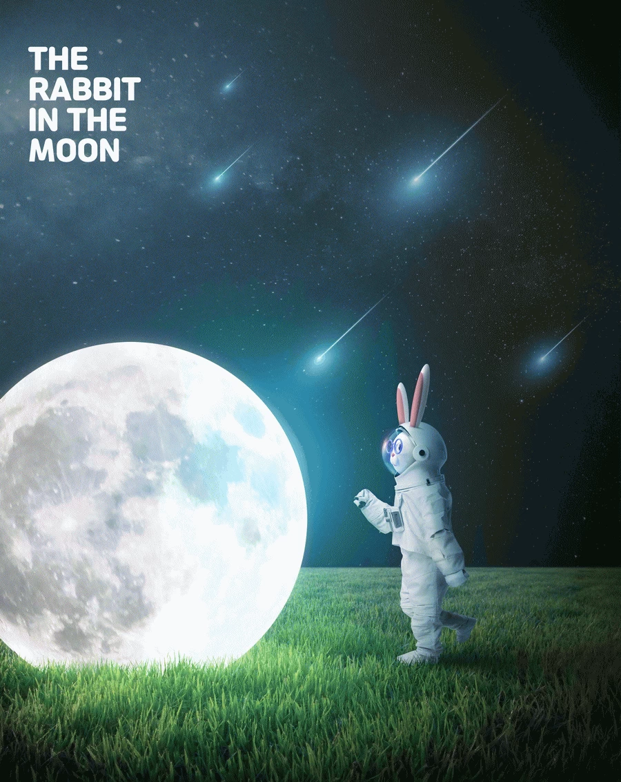 卡通趣味兔年宇航员宇宙星球兔子主视觉KV海报PSD分层设计素材【007】
